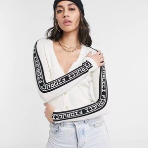 Fiorucci Revolve Ribbed Cropped Knit Logo Tape Cardigan Sweater Cream Black S